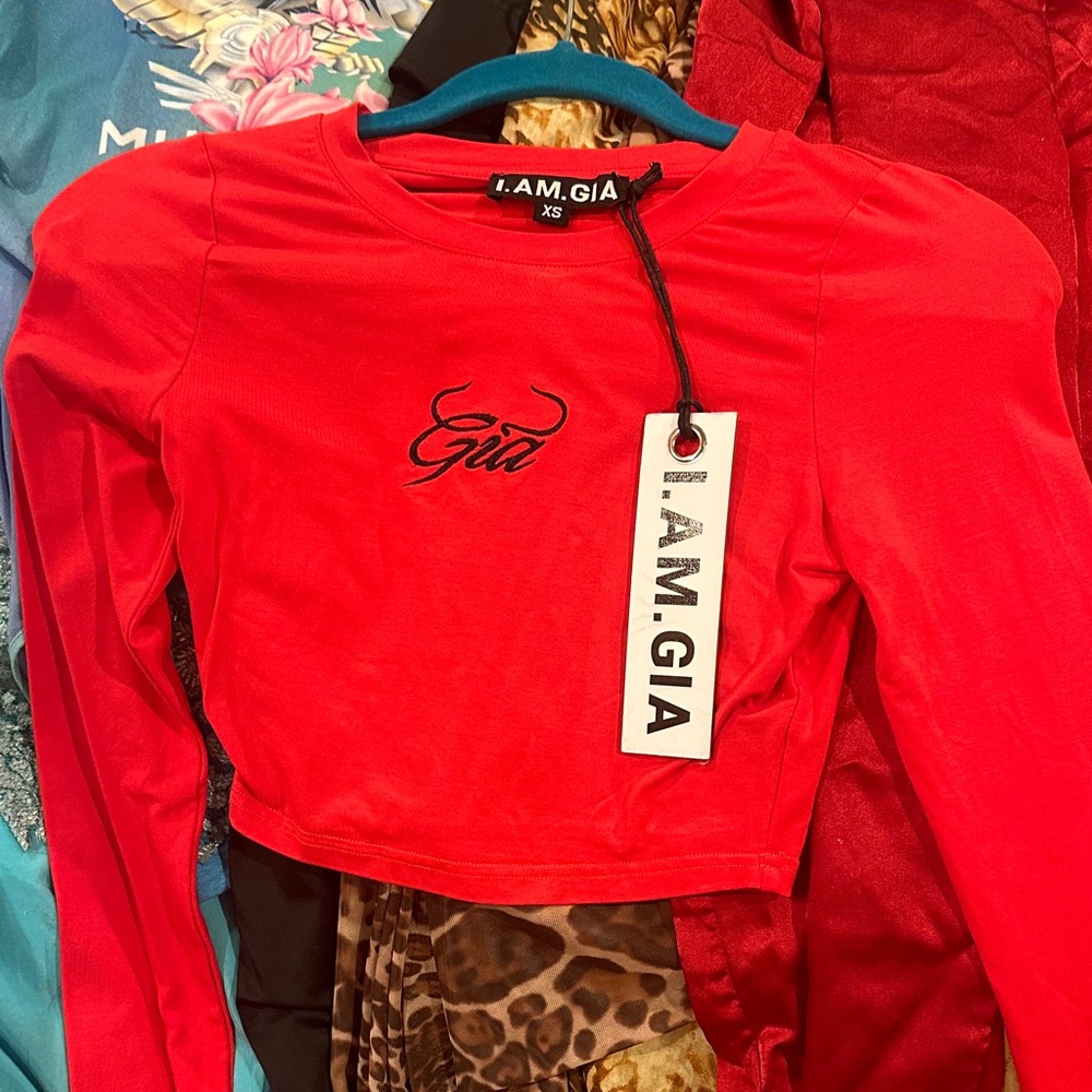 I.AM.GIA Red Long Sleeve Crop Top with Logo